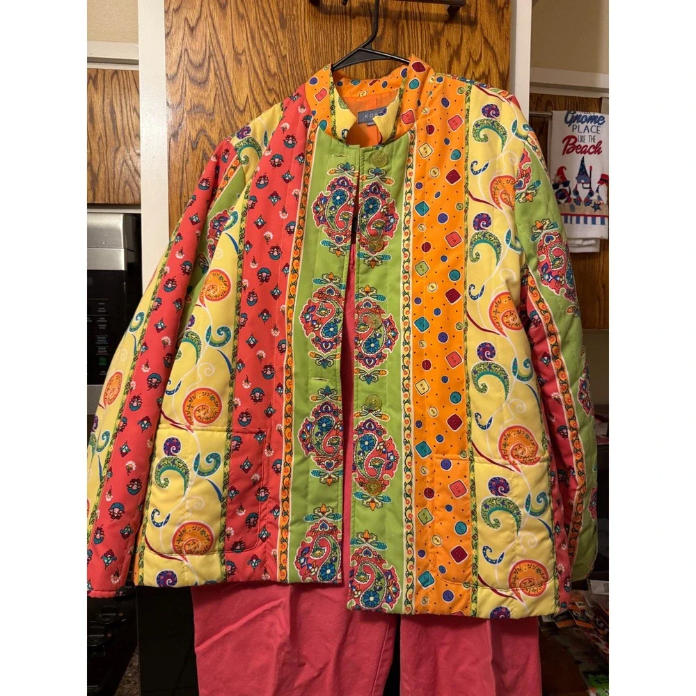 Koret Womens Large Quilted Patchwork Paisley Jacket and Coral Pant Set